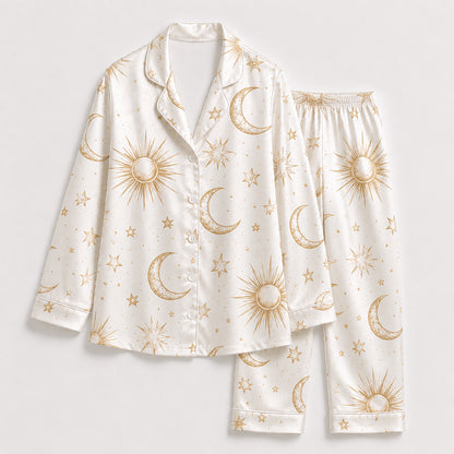 PJ-467-Alabaster Satin Nightwear Pajama Apparel, Whimsical Cosmos Component Loungewear Sleepwear Collection Top Bottom Vesture