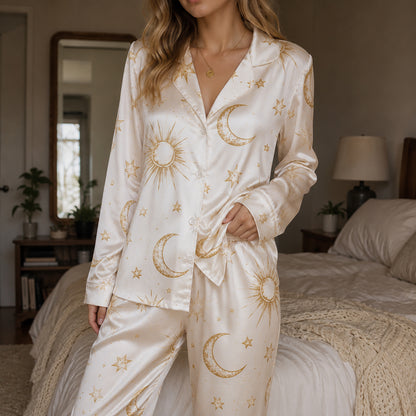 PJ-467-Alabaster Satin Nightwear Pajama Apparel, Whimsical Cosmos Component Loungewear Sleepwear Collection Top Bottom Vesture