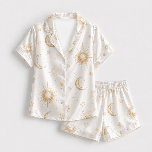 PJ-467-Alabaster Satin Nightwear Pajama Apparel, Whimsical Cosmos Component Loungewear Sleepwear Collection Top Bottom Vesture