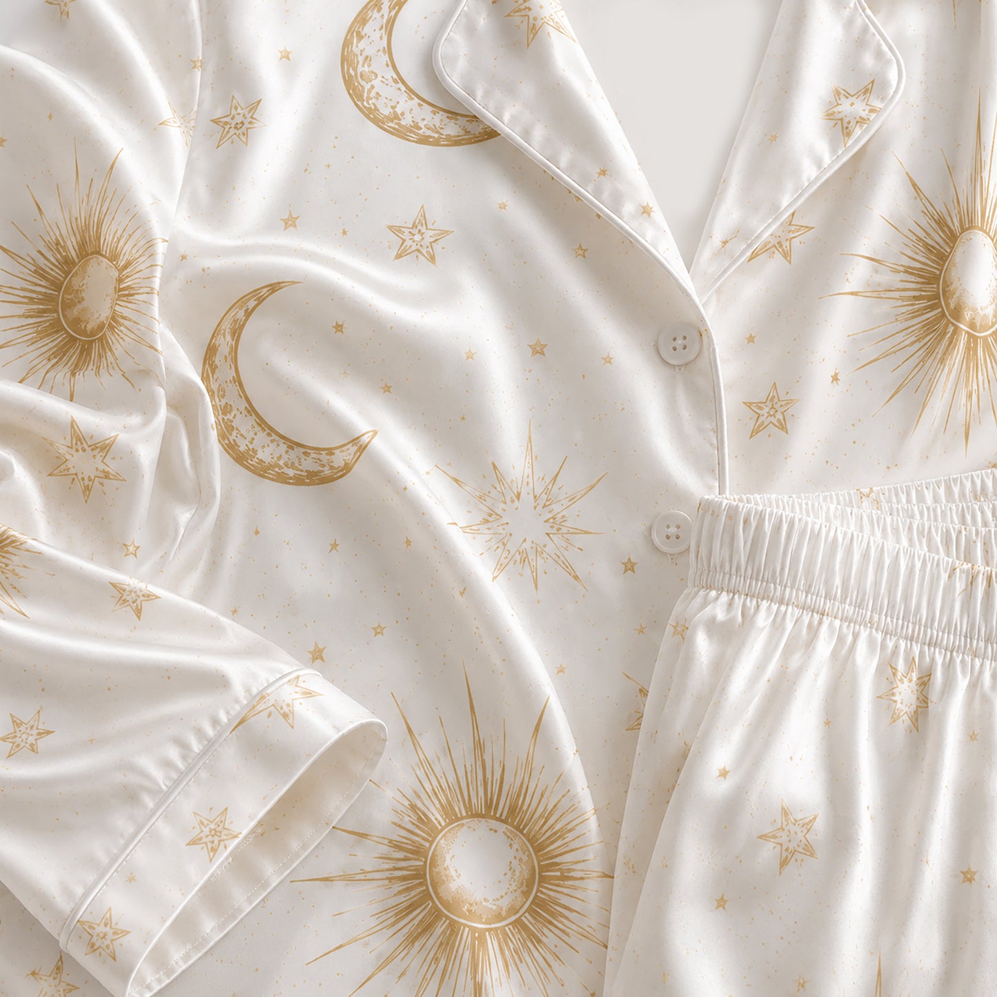 PJ-467-Alabaster Satin Nightwear Pajama Apparel, Whimsical Cosmos Component Loungewear Sleepwear Collection Top Bottom Vesture