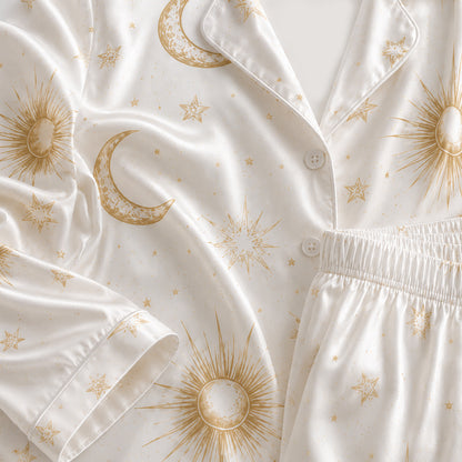 PJ-467-Alabaster Satin Nightwear Pajama Apparel, Whimsical Cosmos Component Loungewear Sleepwear Collection Top Bottom Vesture