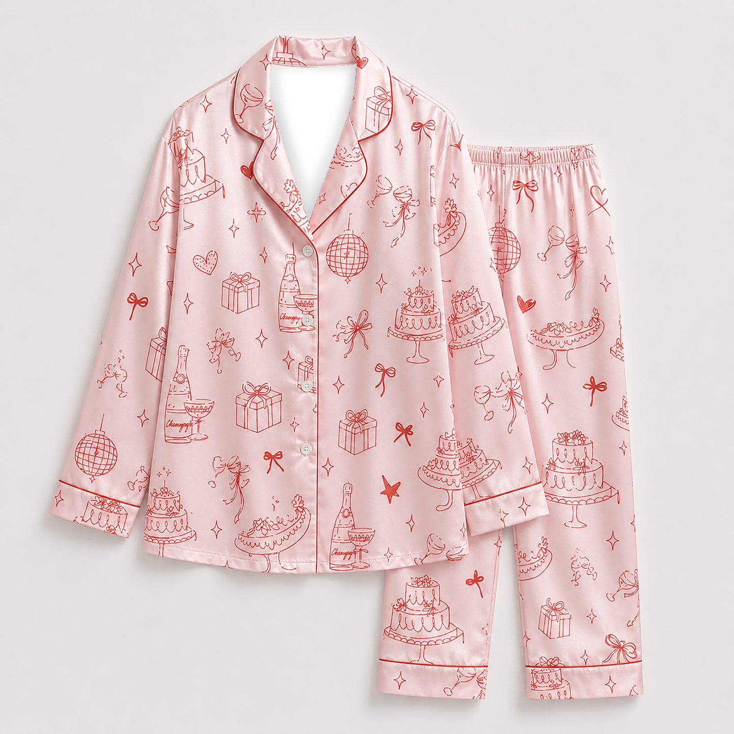 PJ-468-Pink Satin Celebration Pajama Apparel, Party Pattern Loungewear Sleepwear Collection Top Bottom Clothing