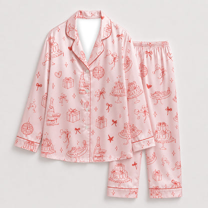 PJ-468-Pink Satin Celebration Pajama Apparel, Party Pattern Loungewear Sleepwear Collection Top Bottom Clothing