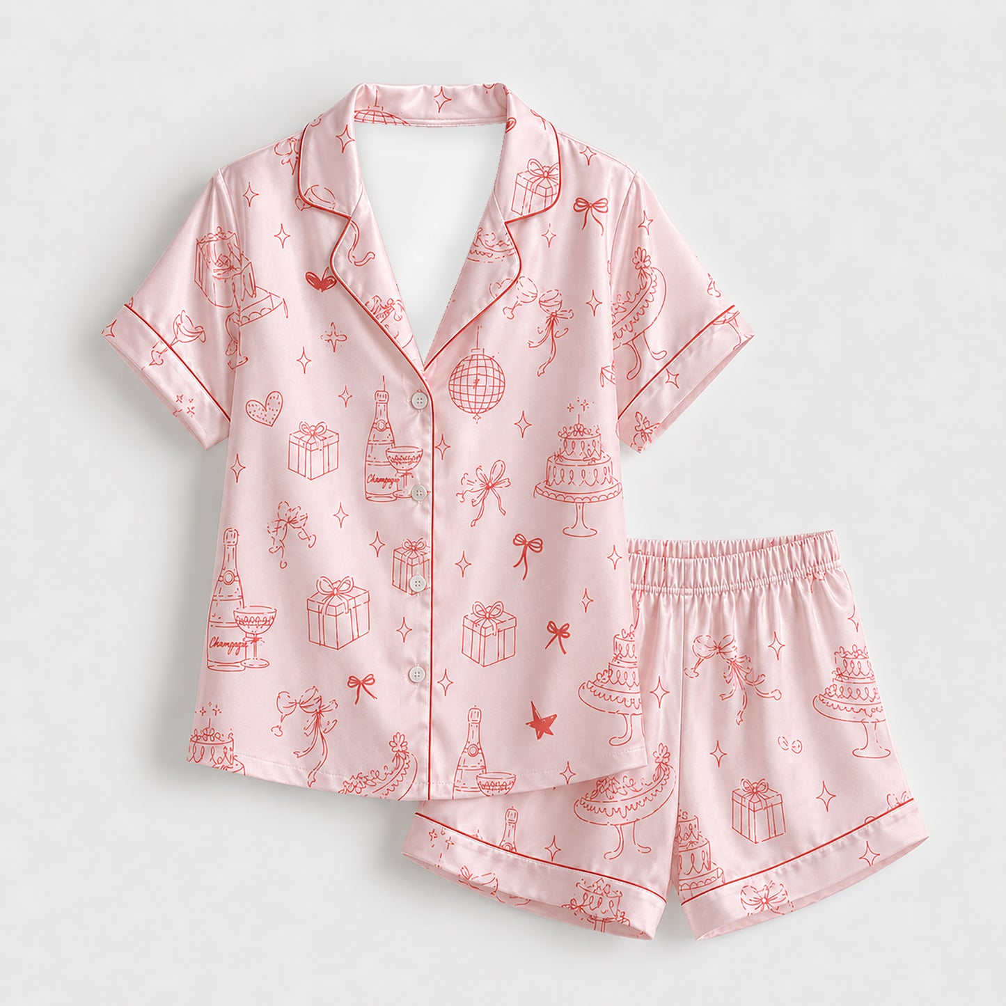 PJ-468-Pink Satin Celebration Pajama Apparel, Party Pattern Loungewear Sleepwear Collection Top Bottom Clothing