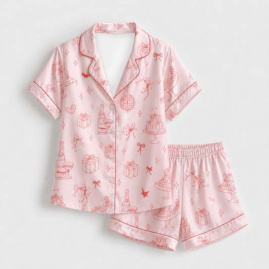 PJ-468-Pink Satin Celebration Pajama Apparel, Party Pattern Loungewear Sleepwear Collection Top Bottom Clothing