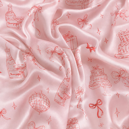 PJ-468-Pink Satin Celebration Pajama Apparel, Party Pattern Loungewear Sleepwear Collection Top Bottom Clothing
