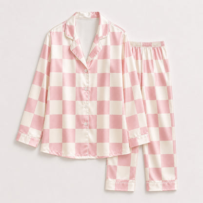 PJ-469-Blush Silk Gingham Pajama Apparel, Festive Graphic Loungewear Sleepwear Collection Top Bottom Raiment