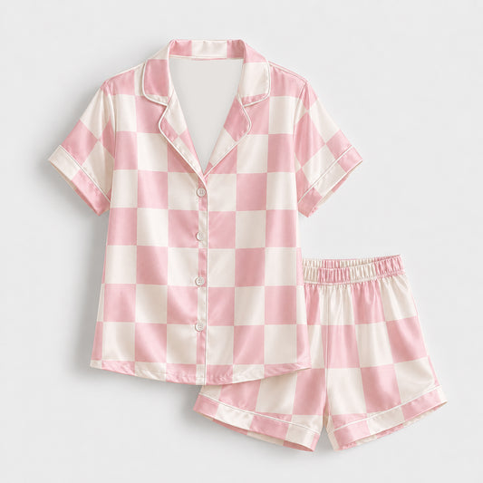 PJ-469-Blush Silk Gingham Pajama Apparel, Festive Graphic Loungewear Sleepwear Collection Top Bottom Raiment