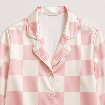 PJ-469-Blush Silk Gingham Pajama Apparel, Festive Graphic Loungewear Sleepwear Collection Top Bottom Raiment
