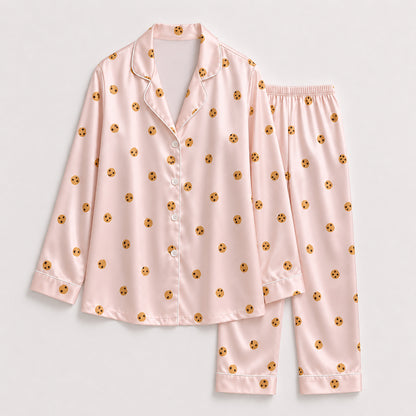 PJ-470-Pink Satin Cookie Pajama Apparel, Ditsy Biscuit Pattern Loungewear Sleepwear Collection Top Bottom Clothing