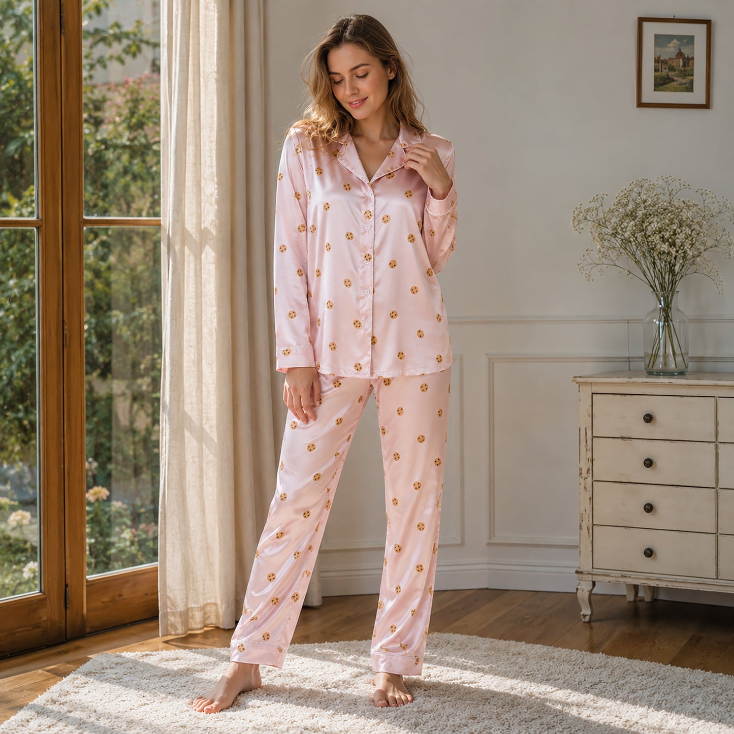 PJ-470-Pink Satin Cookie Pajama Apparel, Ditsy Biscuit Pattern Loungewear Sleepwear Collection Top Bottom Clothing