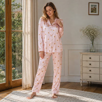 PJ-470-Pink Satin Cookie Pajama Apparel, Ditsy Biscuit Pattern Loungewear Sleepwear Collection Top Bottom Clothing
