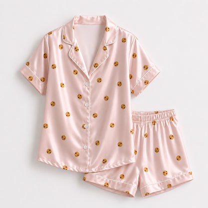 PJ-470-Pink Satin Cookie Pajama Apparel, Ditsy Biscuit Pattern Loungewear Sleepwear Collection Top Bottom Clothing
