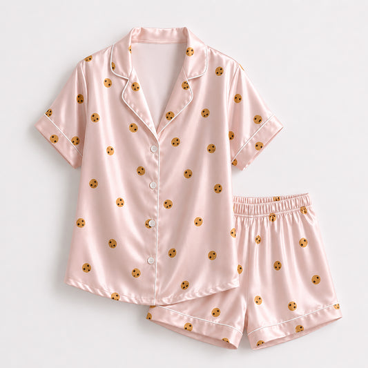 PJ-470-Pink Satin Cookie Pajama Apparel, Ditsy Biscuit Pattern Loungewear Sleepwear Collection Top Bottom Clothing