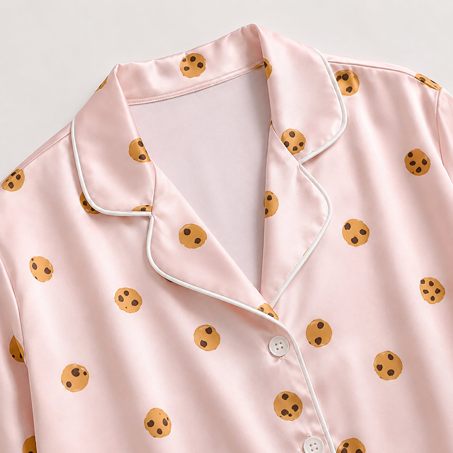 PJ-470-Pink Satin Cookie Pajama Apparel, Ditsy Biscuit Pattern Loungewear Sleepwear Collection Top Bottom Clothing