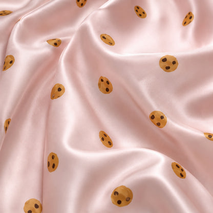 PJ-470-Pink Satin Cookie Pajama Apparel, Ditsy Biscuit Pattern Loungewear Sleepwear Collection Top Bottom Clothing