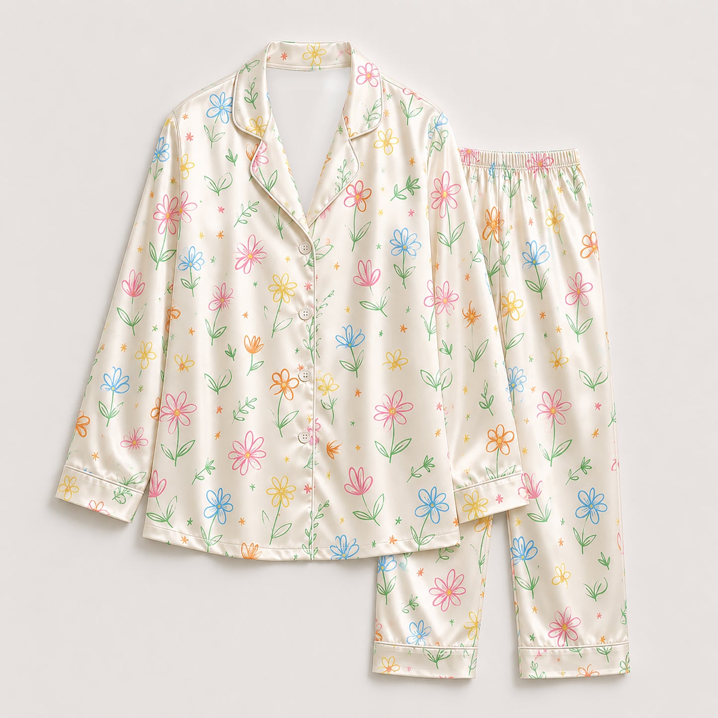 PJ-471-White Silk Retro Blossom Pajama Apparel, Colorful Abstract Graphic Loungewear Sleepwear Collection Top Bottom Raiment