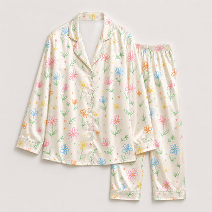 PJ-471-White Silk Retro Blossom Pajama Apparel, Colorful Abstract Graphic Loungewear Sleepwear Collection Top Bottom Raiment
