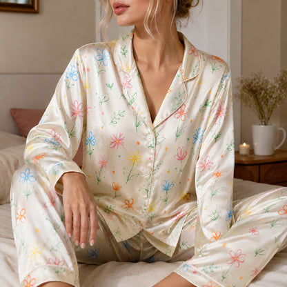 PJ-471-White Silk Retro Blossom Pajama Apparel, Colorful Abstract Graphic Loungewear Sleepwear Collection Top Bottom Raiment
