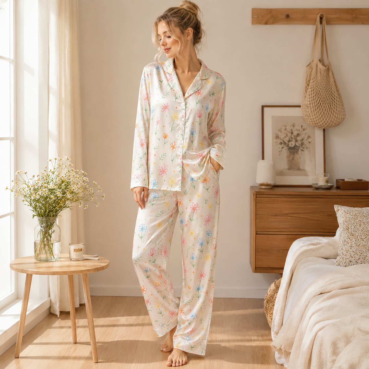 PJ-471-White Silk Retro Blossom Pajama Apparel, Colorful Abstract Graphic Loungewear Sleepwear Collection Top Bottom Raiment