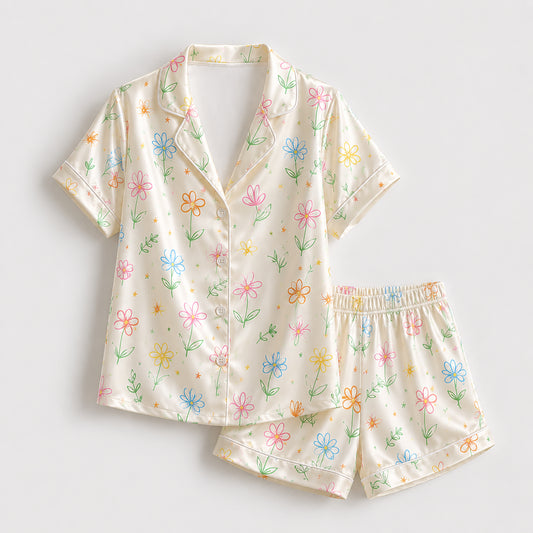 PJ-471-White Silk Retro Blossom Pajama Apparel, Colorful Abstract Graphic Loungewear Sleepwear Collection Top Bottom Raiment