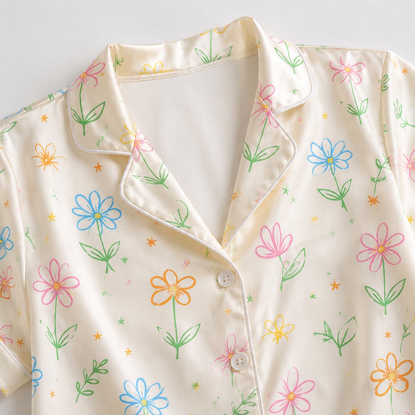PJ-471-White Silk Retro Blossom Pajama Apparel, Colorful Abstract Graphic Loungewear Sleepwear Collection Top Bottom Raiment