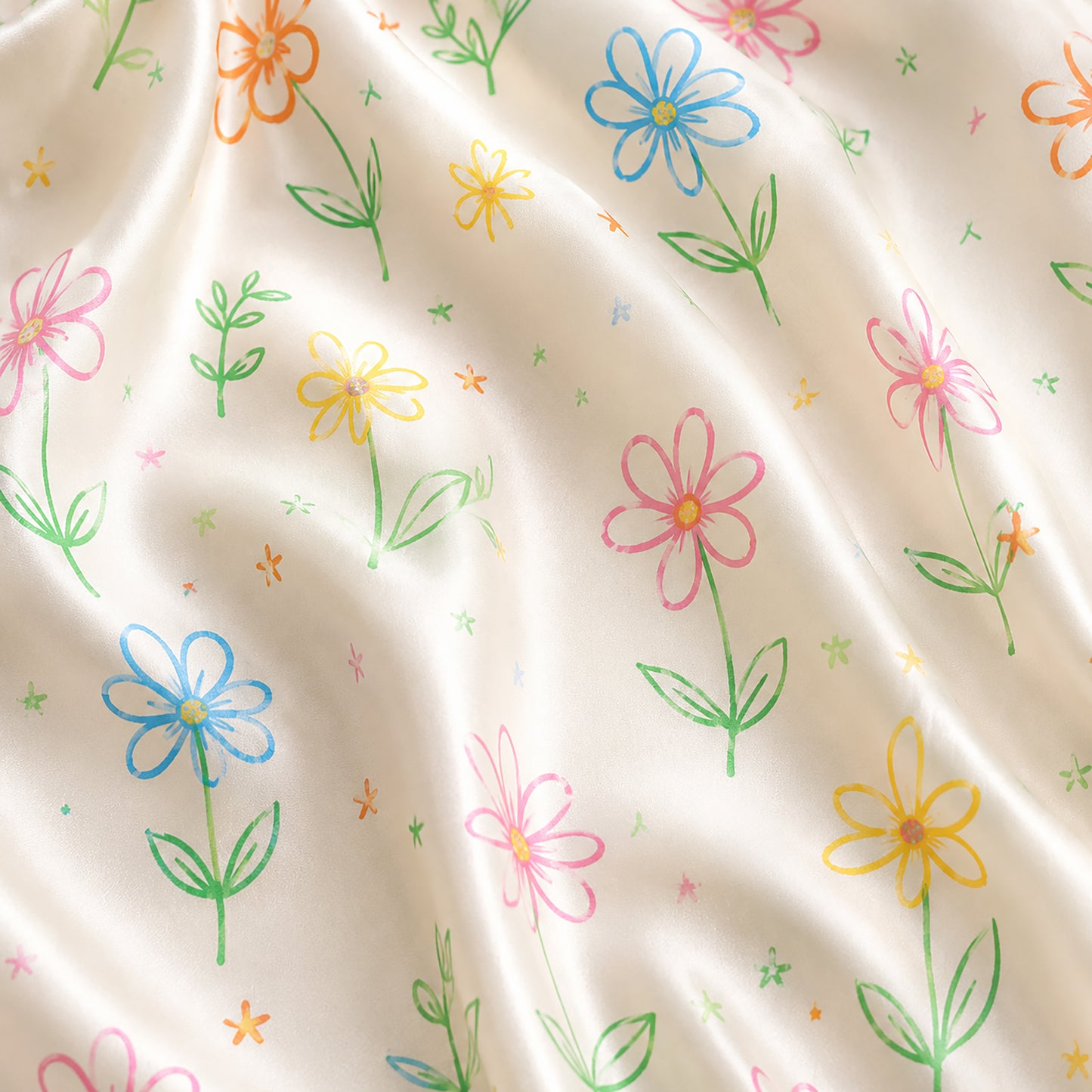 PJ-471-White Silk Retro Blossom Pajama Apparel, Colorful Abstract Graphic Loungewear Sleepwear Collection Top Bottom Raiment