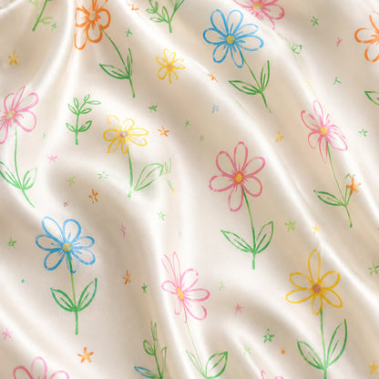 PJ-471-White Silk Retro Blossom Pajama Apparel, Colorful Abstract Graphic Loungewear Sleepwear Collection Top Bottom Raiment