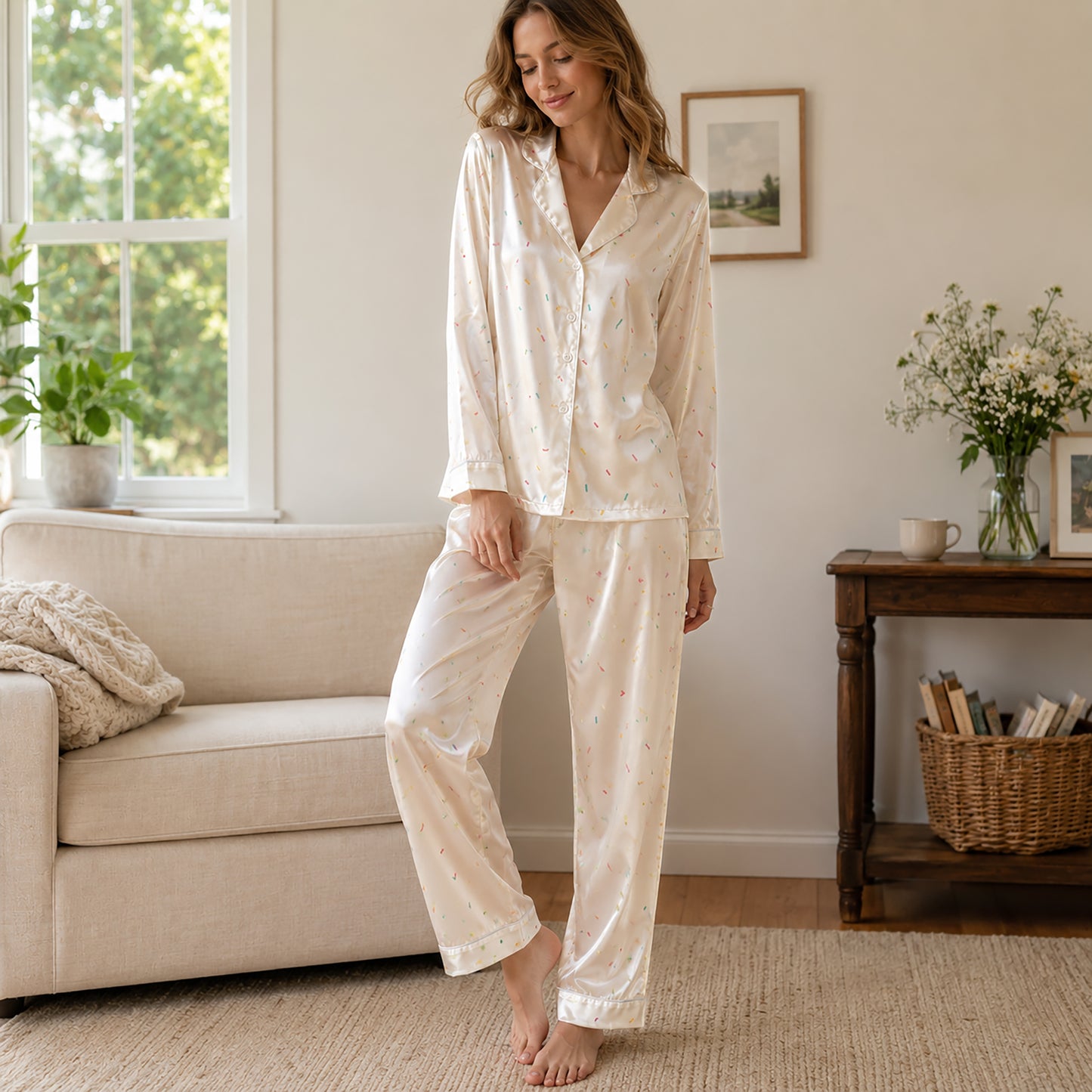 PJ-472-Ivory Poly Celebration Pajama Apparel, Sweet Sprinkles Printed Loungewear Sleepwear Collection Top Bottom Attire