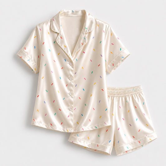 PJ-472-Ivory Poly Celebration Pajama Apparel, Sweet Sprinkles Printed Loungewear Sleepwear Collection Top Bottom Attire