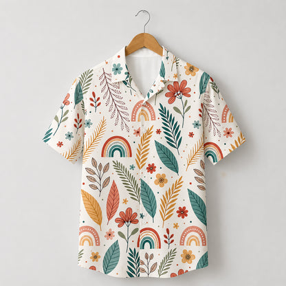 HW-474-Woven Summer Island Aloha Shirt, Earthy Tone Graphic Button Down Top Beachwear Raimen
