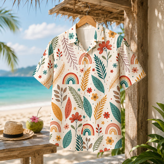 HW-474-Woven Summer Island Aloha Shirt, Earthy Tone Graphic Button Down Top Beachwear Raimen