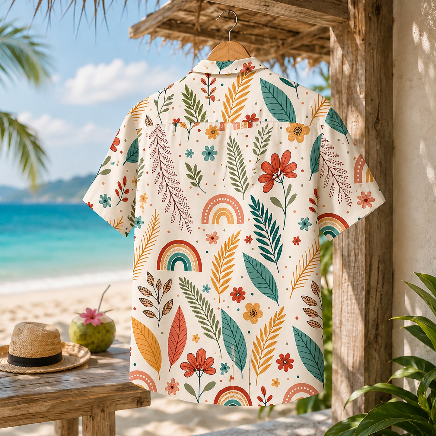 HW-474-Woven Summer Island Aloha Shirt, Earthy Tone Graphic Button Down Top Beachwear Raimen