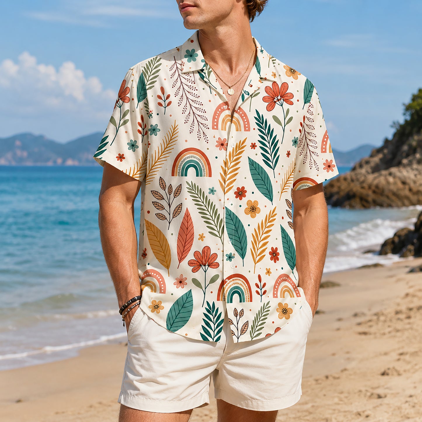 HW-474-Woven Summer Island Aloha Shirt, Earthy Tone Graphic Button Down Top Beachwear Raimen