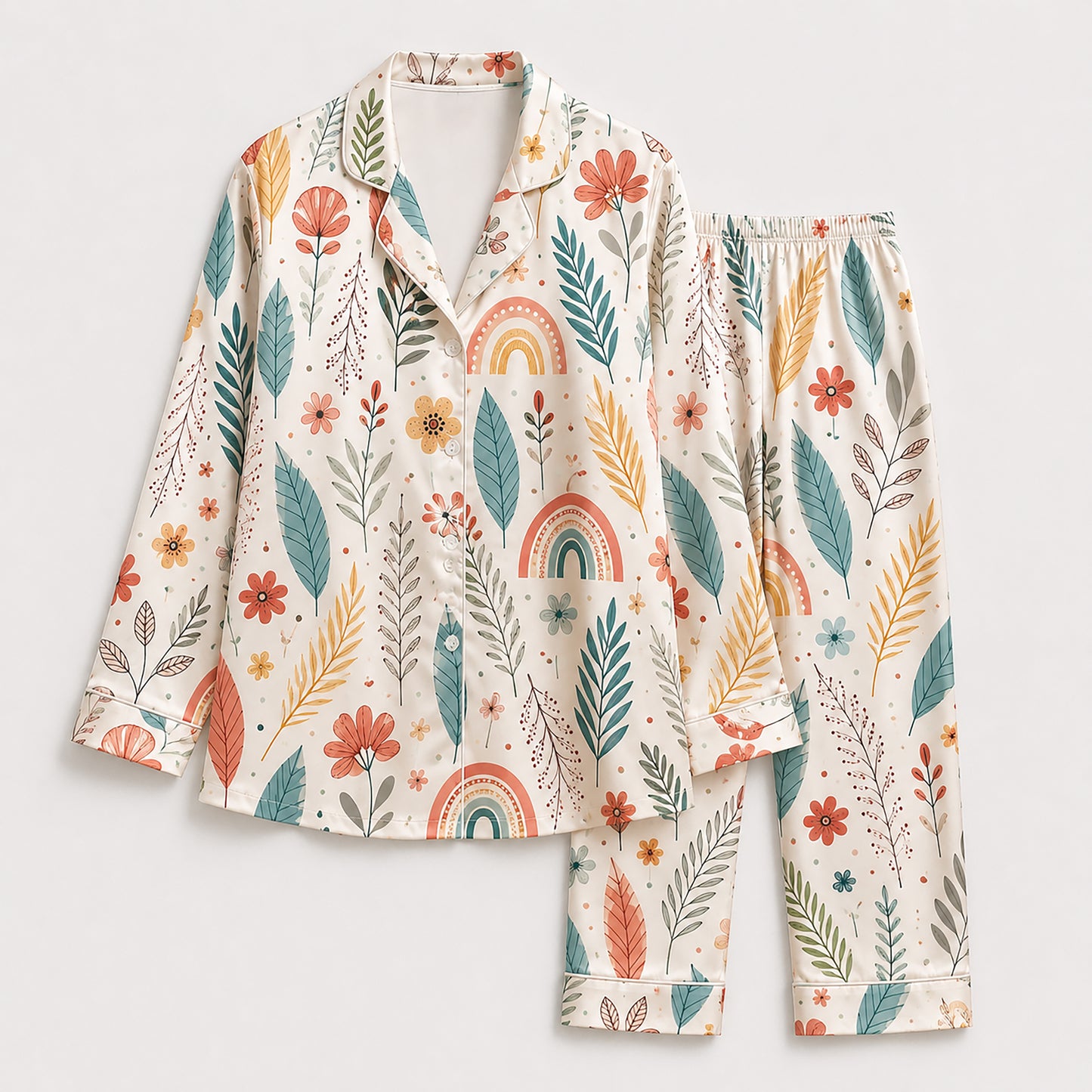 PJ-474-Silk Aesthetic Pajama Apparel, Earthy Tone Graphic Loungewear Sleepwear Collection Top Bottom Raiment