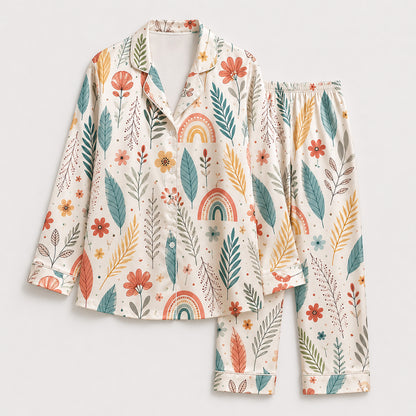 PJ-474-Silk Aesthetic Pajama Apparel, Earthy Tone Graphic Loungewear Sleepwear Collection Top Bottom Raiment