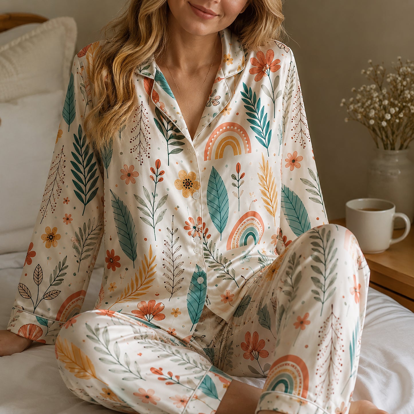 PJ-474-Silk Aesthetic Pajama Apparel, Earthy Tone Graphic Loungewear Sleepwear Collection Top Bottom Raiment