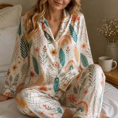 PJ-474-Silk Aesthetic Pajama Apparel, Earthy Tone Graphic Loungewear Sleepwear Collection Top Bottom Raiment