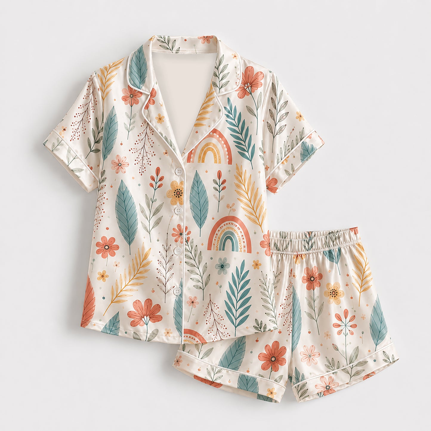 PJ-474-Silk Aesthetic Pajama Apparel, Earthy Tone Graphic Loungewear Sleepwear Collection Top Bottom Raiment