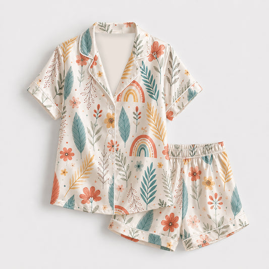 PJ-474-Silk Aesthetic Pajama Apparel, Earthy Tone Graphic Loungewear Sleepwear Collection Top Bottom Raiment