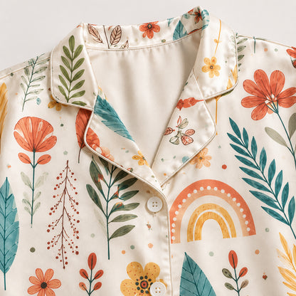 PJ-474-Silk Aesthetic Pajama Apparel, Earthy Tone Graphic Loungewear Sleepwear Collection Top Bottom Raiment