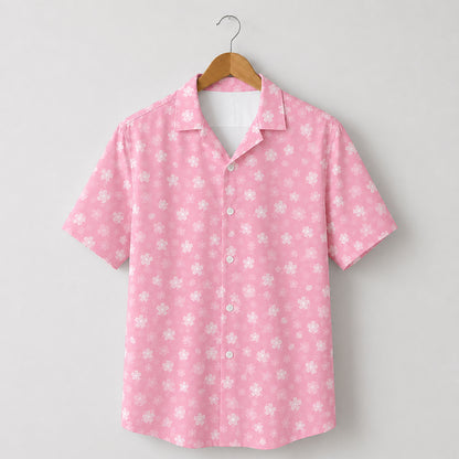 HW-475-Pink Polyester Hawaiian Resort Shirt, Ditsy Cherry Blossom Pattern Button Down Top Beachwear Clothing