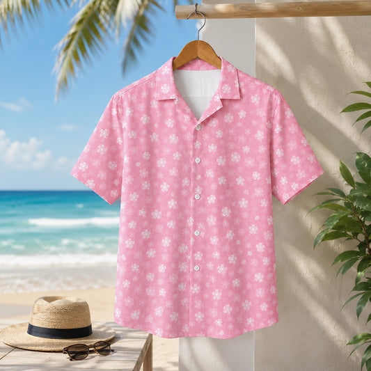 HW-475-Pink Polyester Hawaiian Resort Shirt, Ditsy Cherry Blossom Pattern Button Down Top Beachwear Clothing