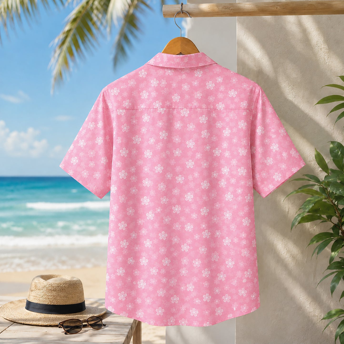 HW-475-Pink Polyester Hawaiian Resort Shirt, Ditsy Cherry Blossom Pattern Button Down Top Beachwear Clothing