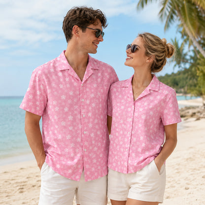 HW-475-Pink Polyester Hawaiian Resort Shirt, Ditsy Cherry Blossom Pattern Button Down Top Beachwear Clothing