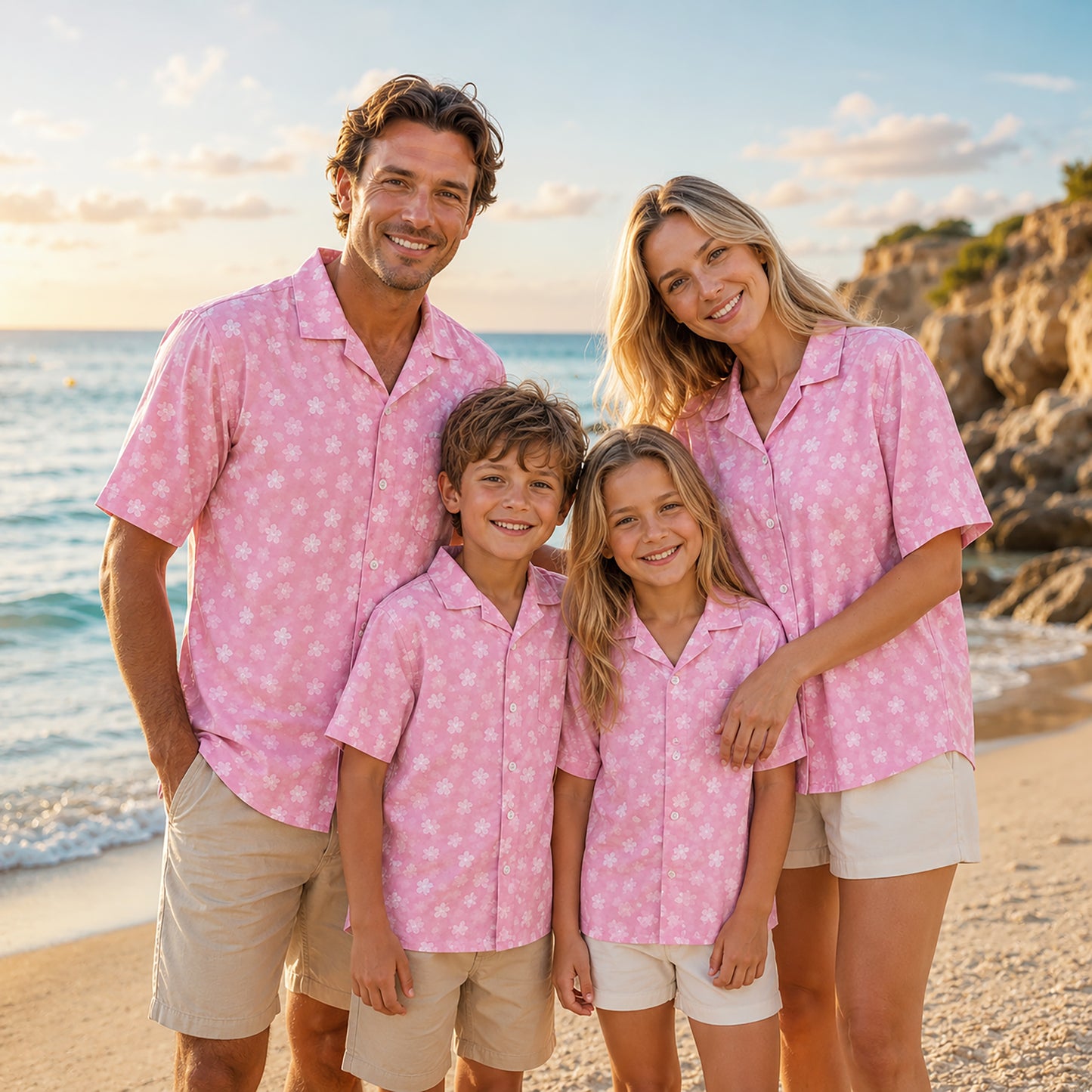 HW-475-Pink Polyester Hawaiian Resort Shirt, Ditsy Cherry Blossom Pattern Button Down Top Beachwear Clothing