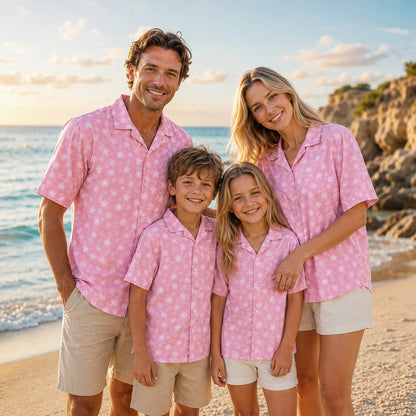 HW-475-Pink Polyester Hawaiian Resort Shirt, Ditsy Cherry Blossom Pattern Button Down Top Beachwear Clothing