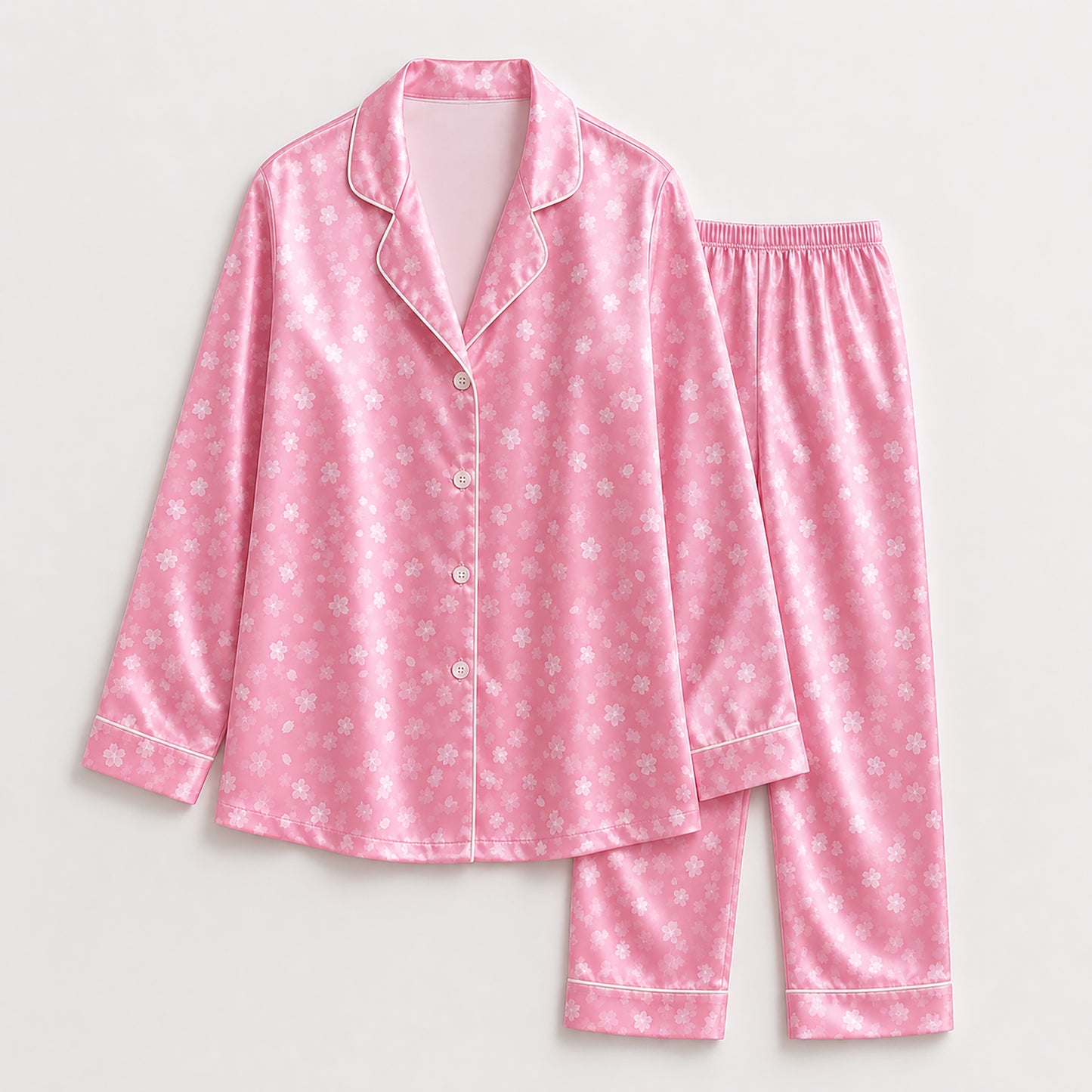 PJ-475-Rose Silk Retro Sakura Pajama Apparel, Colorful Botanical Graphic Loungewear Sleepwear Collection Top Bottom Raiment
