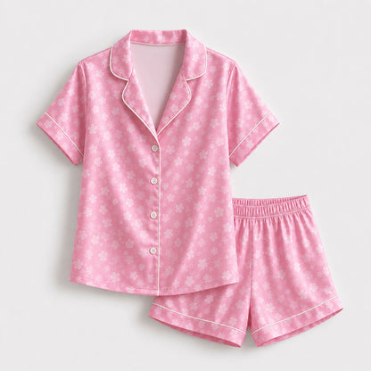 PJ-475-Rose Silk Retro Sakura Pajama Apparel, Colorful Botanical Graphic Loungewear Sleepwear Collection Top Bottom Raiment