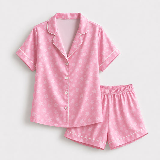 PJ-475-Rose Silk Retro Sakura Pajama Apparel, Colorful Botanical Graphic Loungewear Sleepwear Collection Top Bottom Raiment